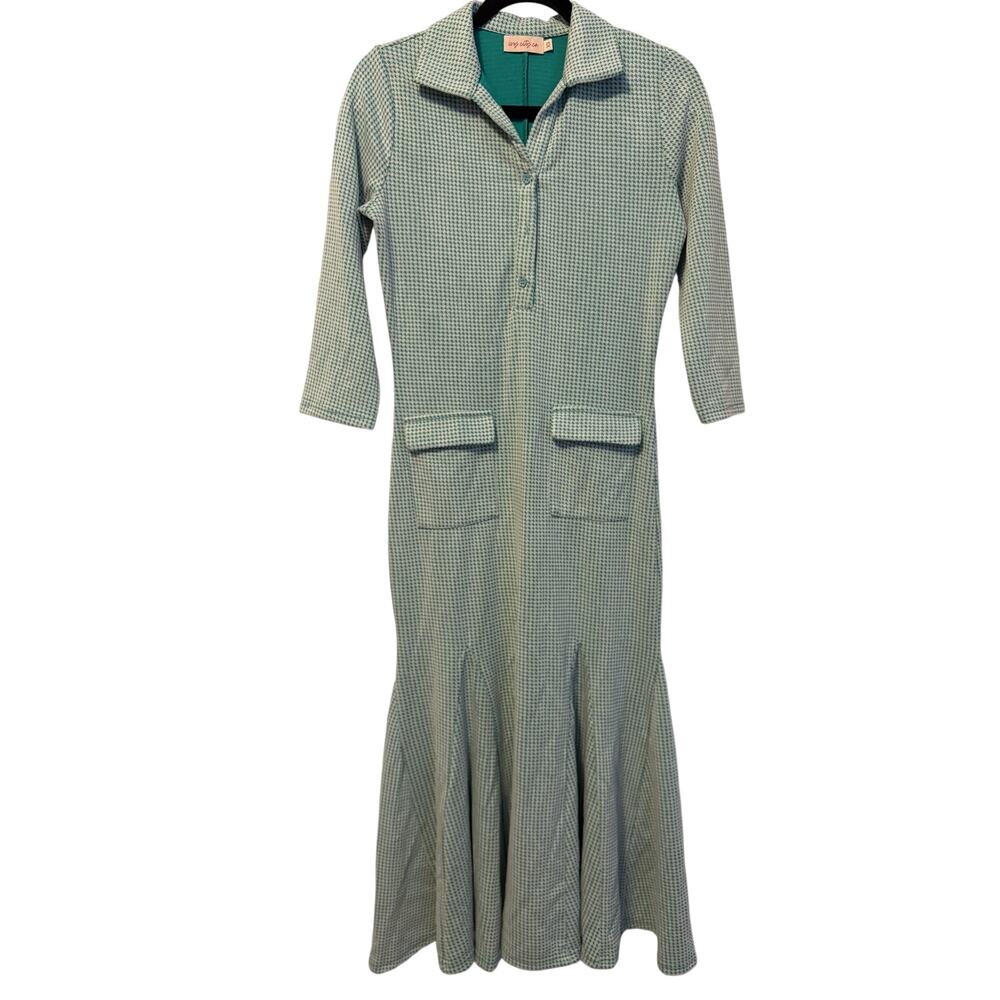 Ivy City Co. Houndstooth Midi Dress Green White Sz XS